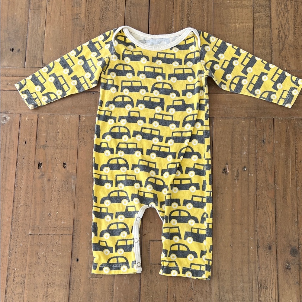 Winter water factory organic cotton yellow car romper size 3 months